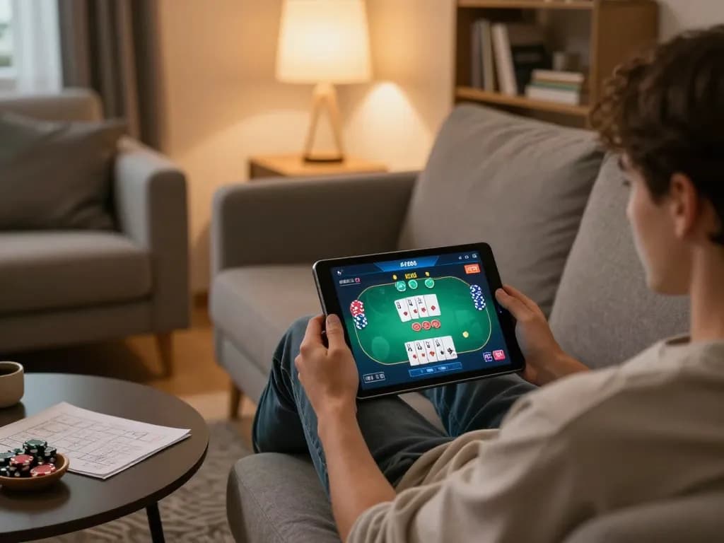 Terlibat dalam permainan online di ap686 dengan smartphone, catatan strategi terlihat di meja