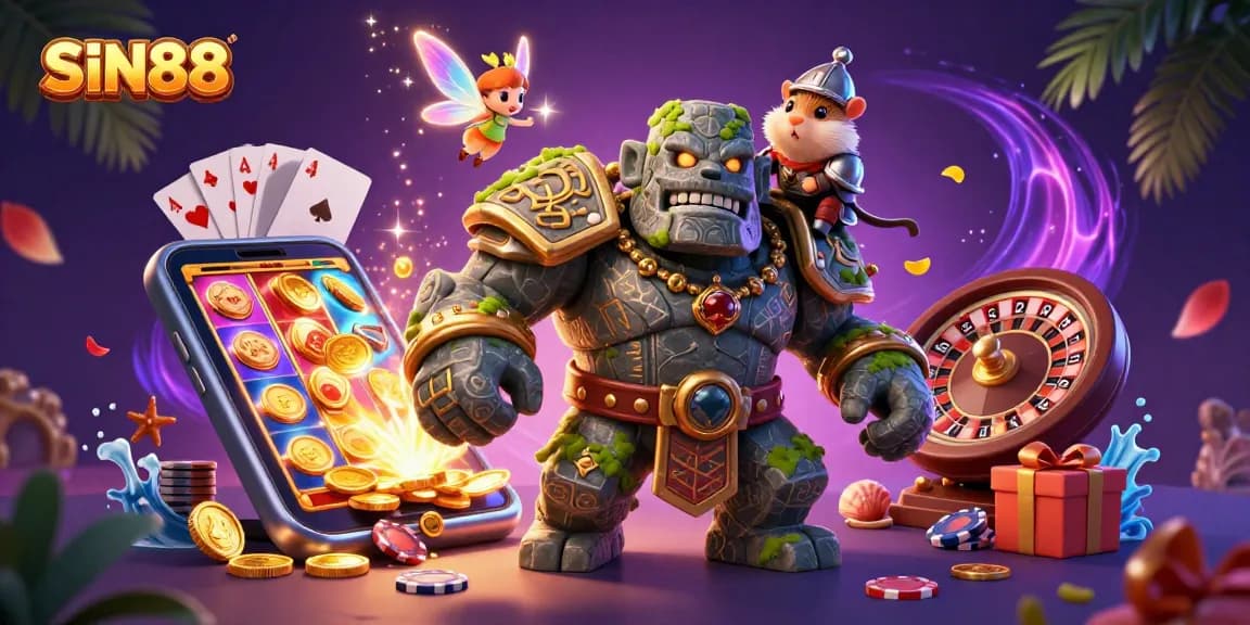 SIN88 presents a vibrant casino scene with a golem guardian and magical creatures amid dynamic gaming elements.