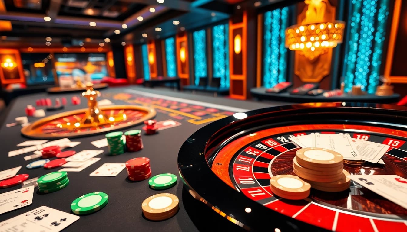Exciting casino gaming scene at 8KBET with vibrant cards, chips, and roulette wheel.