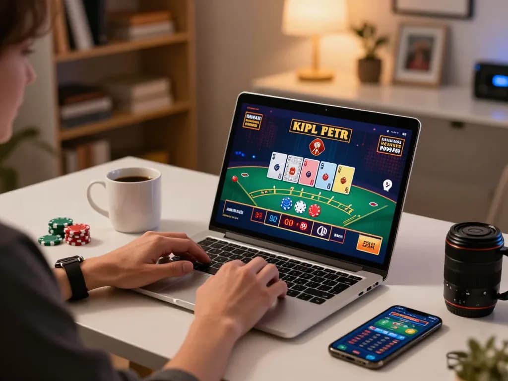 Player engaging in blackjack on man88 using laptop, showcasing an inviting home gaming setup.
