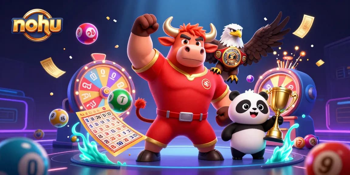 Nohu showcases dynamic gaming excitement with colorful balls, trophies, and engaging characters.