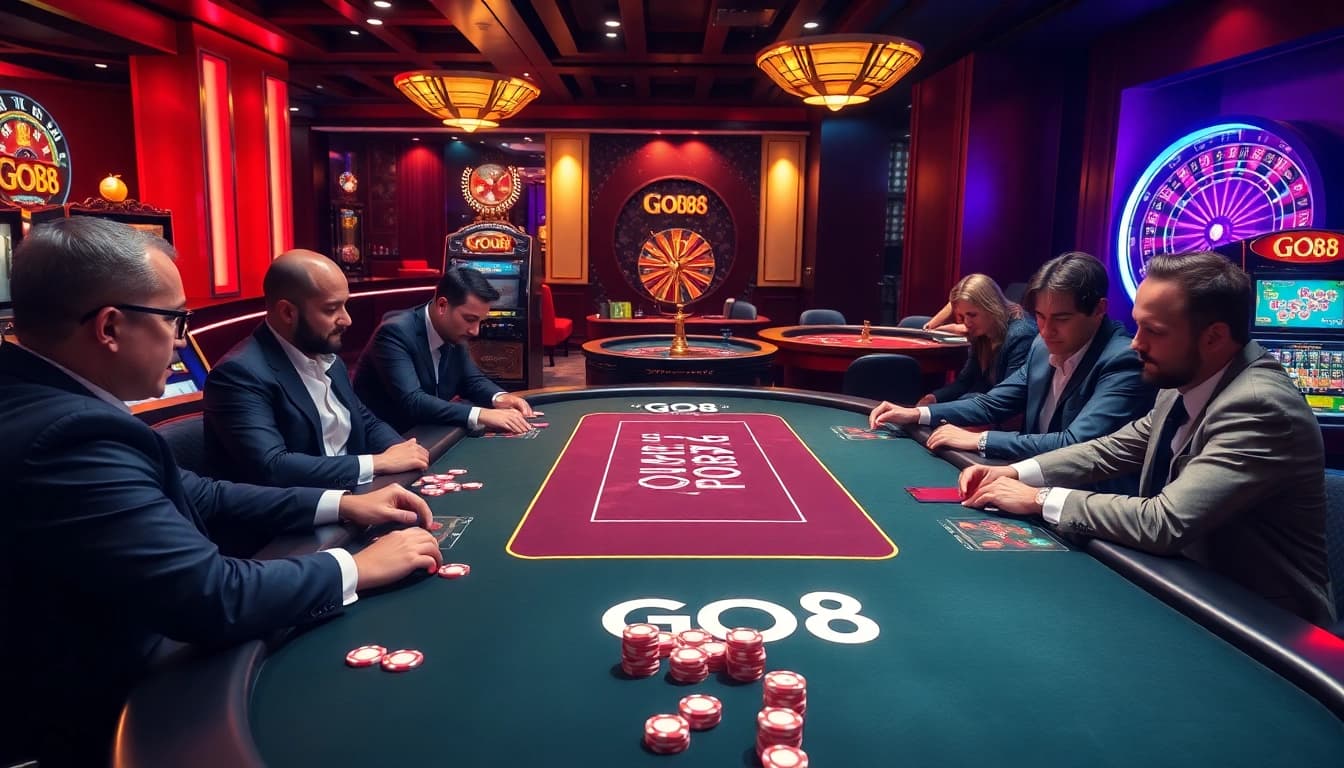 Casino players at a GO8 poker table focus intently on their game, showcasing high stakes excitement.