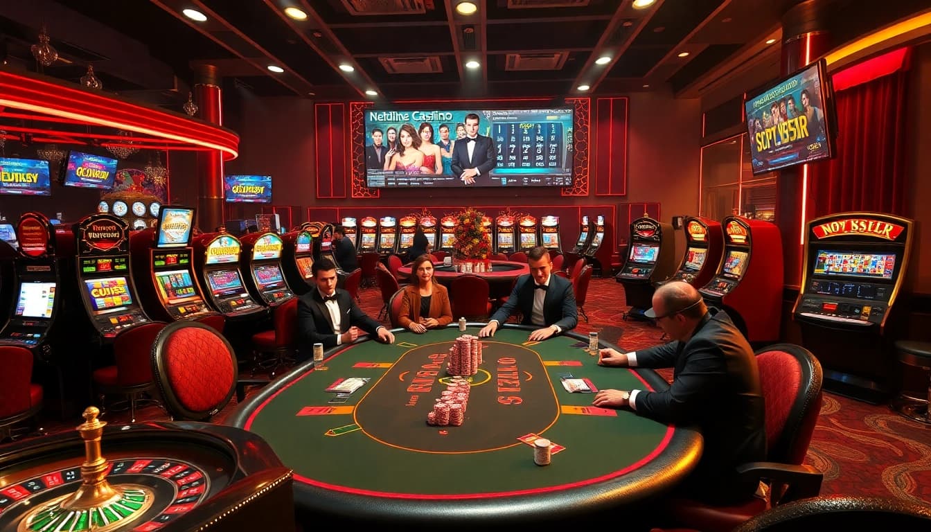 Nohu90 offers a thrilling poker scene with players engaging in high-stakes games amid dazzling slot machines and roulette wheels.