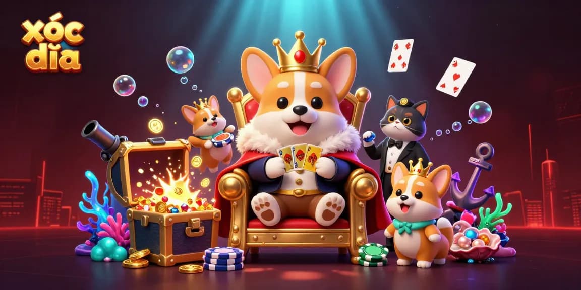 Xóc đĩa game scene featuring a royal corgi on poker chips, surrounded by playful casino elements.