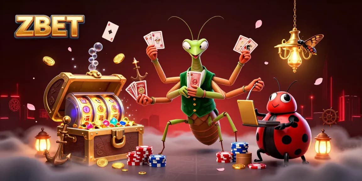 ZBET showcases a vibrant, dynamic casino scene with a giant mantis card sharp, colorful gems, and animated playing cards.