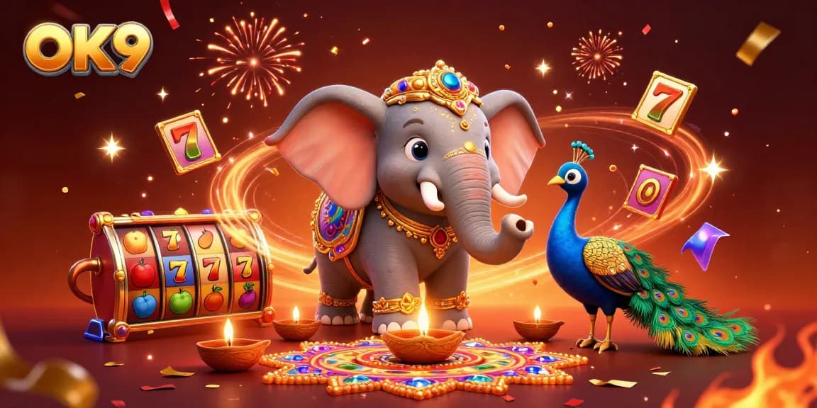 Engage with OK9's thrilling slot games through a vibrant 3D illustration featuring dynamic action elements.