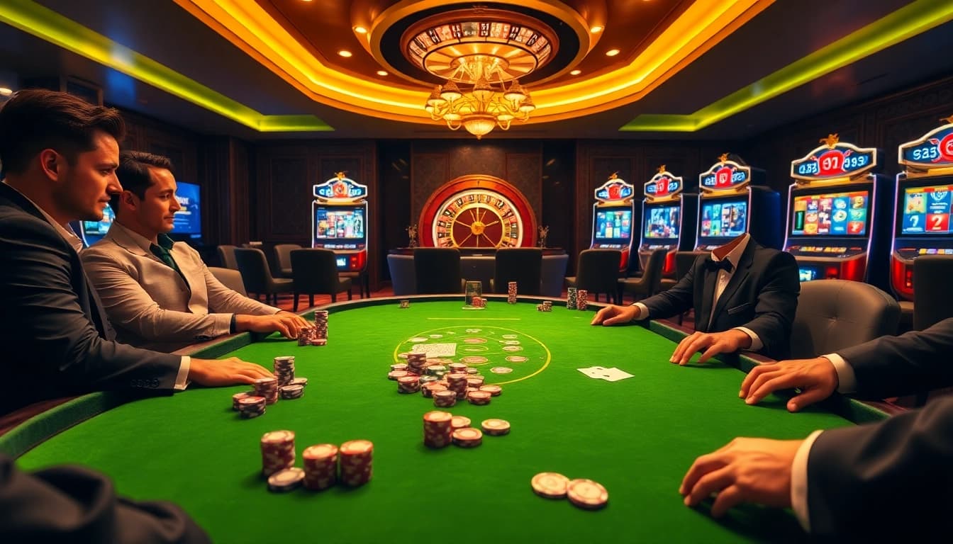 King88 players enjoying high-stakes poker at a vibrant casino table with colorful chips.