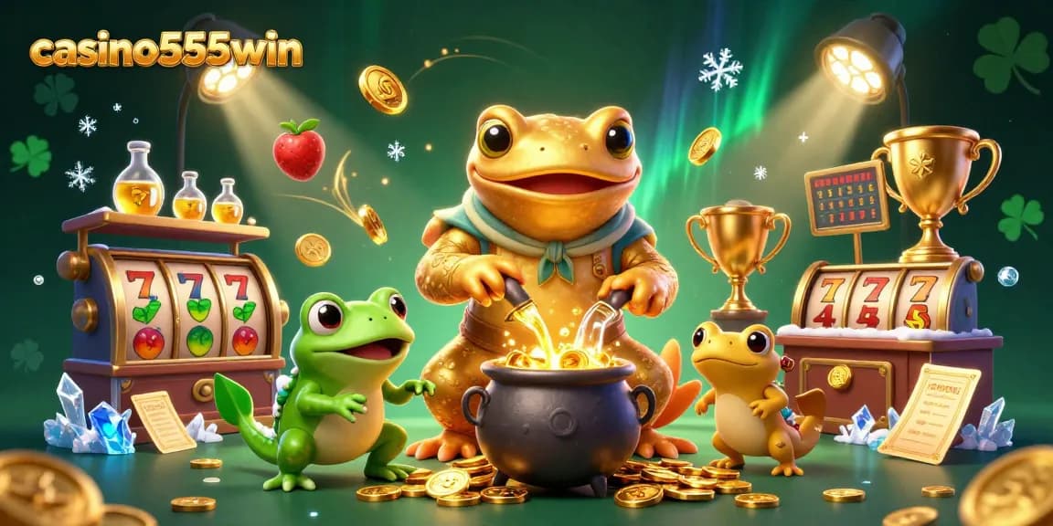 Experience thrilling gameplay at casino555win with vibrant slot game elements and golden treasures.