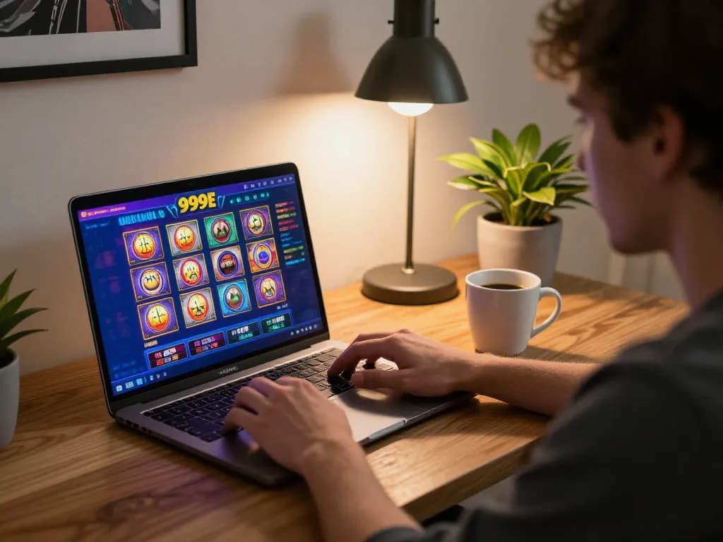 Engaging in online casino gaming with 999E on a laptop, showcasing vibrant slots interface and comfortable atmosphere.