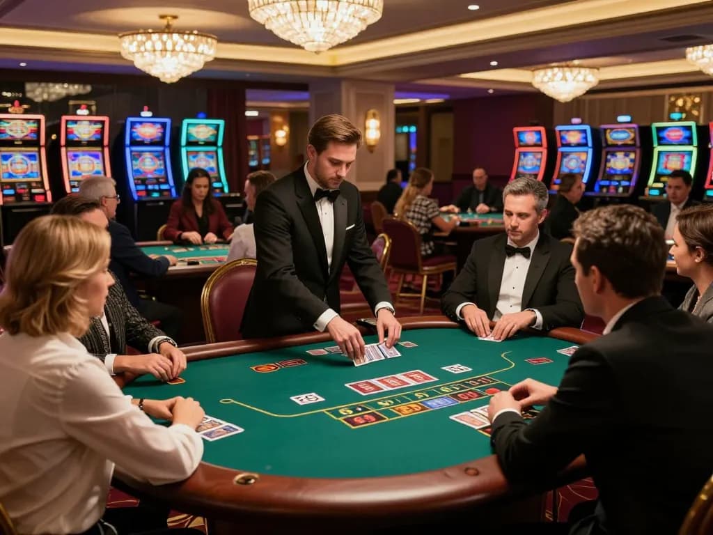 Players enjoying blackjack at cm88 casino table, showcasing strategic gameplay and luxuriously vibrant atmosphere.