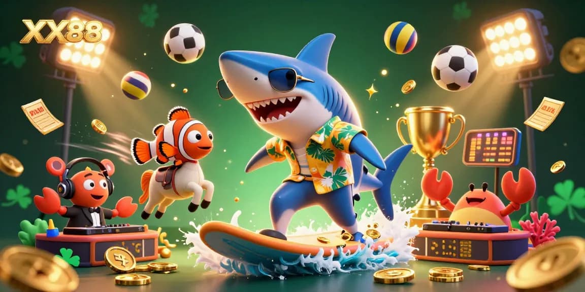 Experience the excitement of betting with XX88, highlighted by a vibrant shark surfing on gold coins.