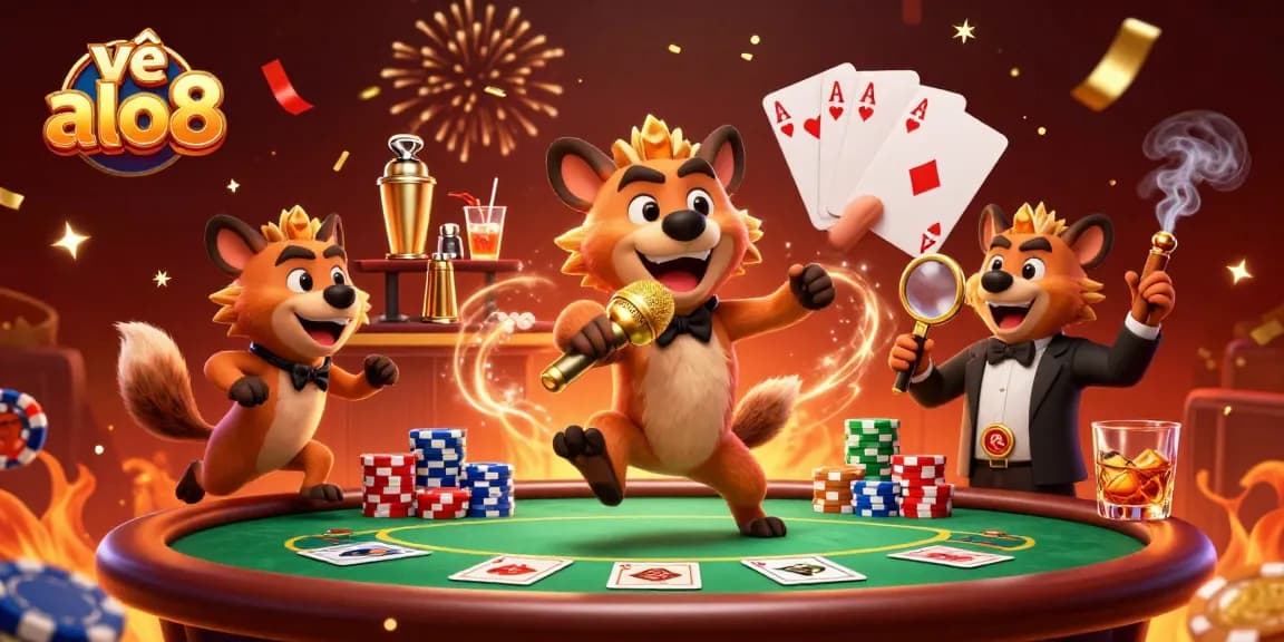 Engaging illustration showcasing the vibrant atmosphere of về alo8 casino, featuring hyenas in various roles.
