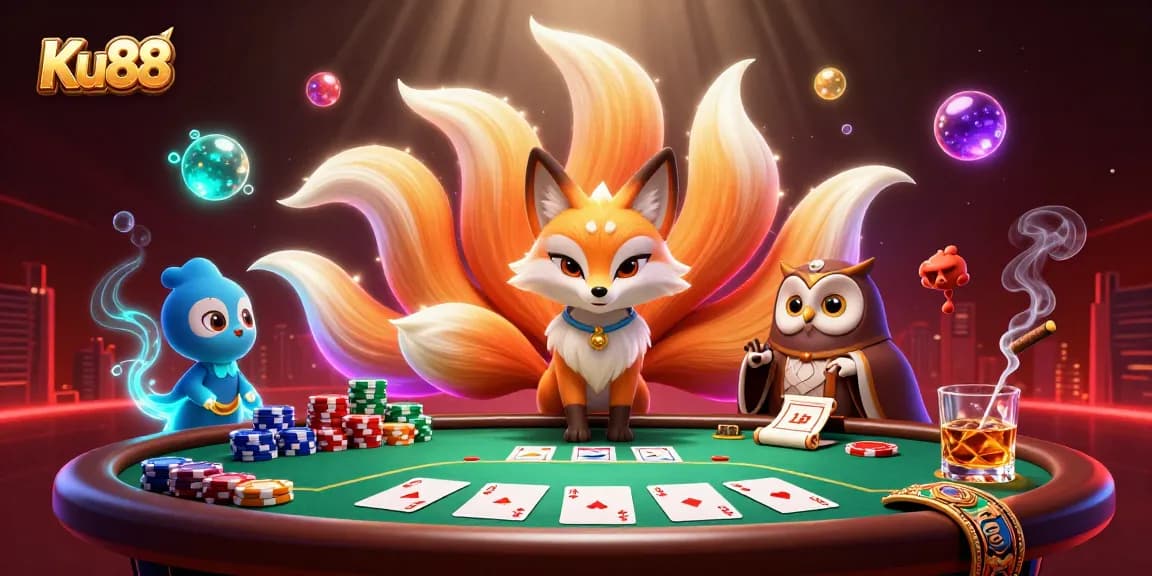 Experience thrilling gameplay with Ku88 as dynamic poker elements and colorful spirits blend in a vibrant scene.