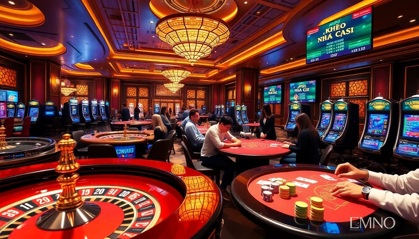 Kèo Nhà Cái betting strategies in a vibrant casino atmosphere with active players at tables.