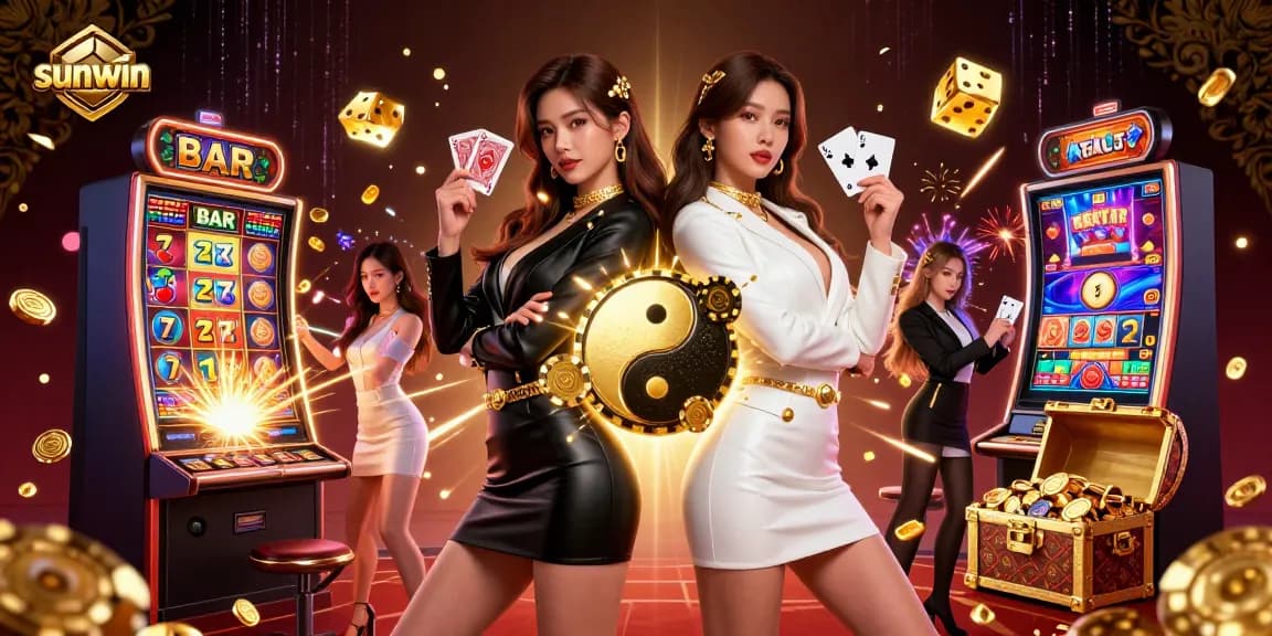 Play exciting games at sunwin casino with a vibrant scene featuring twin Asian women and jackpot elements.