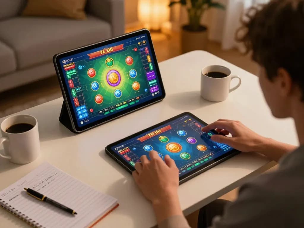 Engaging gameplay of game tài xỉu on a tablet depicting strategic betting options in a cozy home setup.
