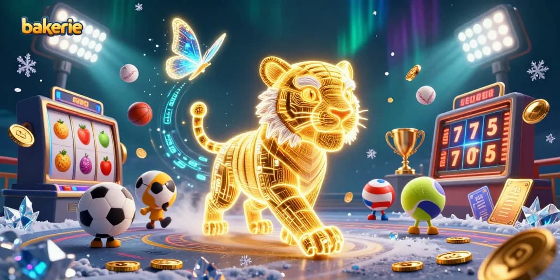 Engage in high-energy slots magic at bakerie with a golden tiger soaring through a vibrant casino