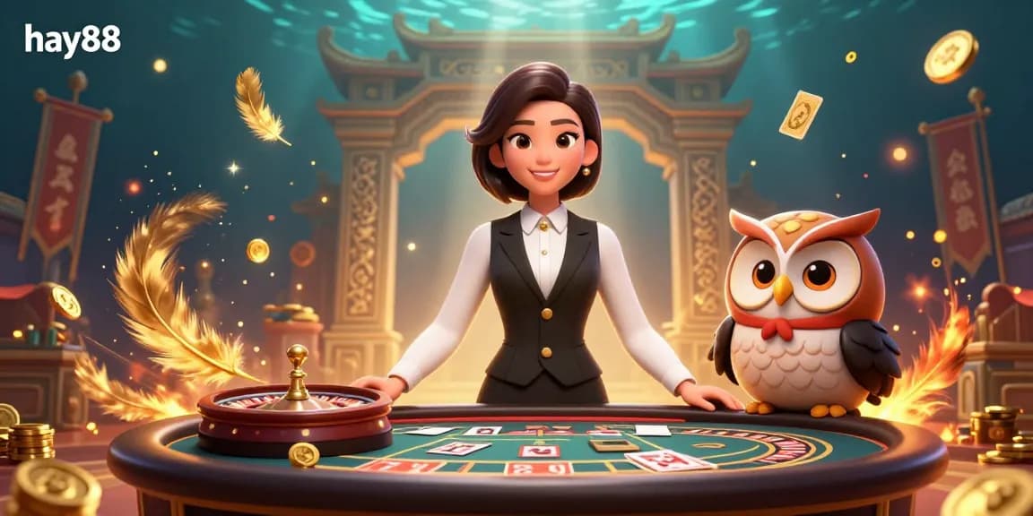 Experience the excitement of hay88 with a charming Asian dealer at a lavish baccarat table, surrounded by casino elements.