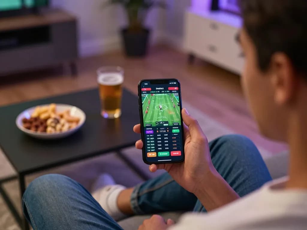 Engaged bettor using 78win app on smartphone to analyze sports stats during live match.
