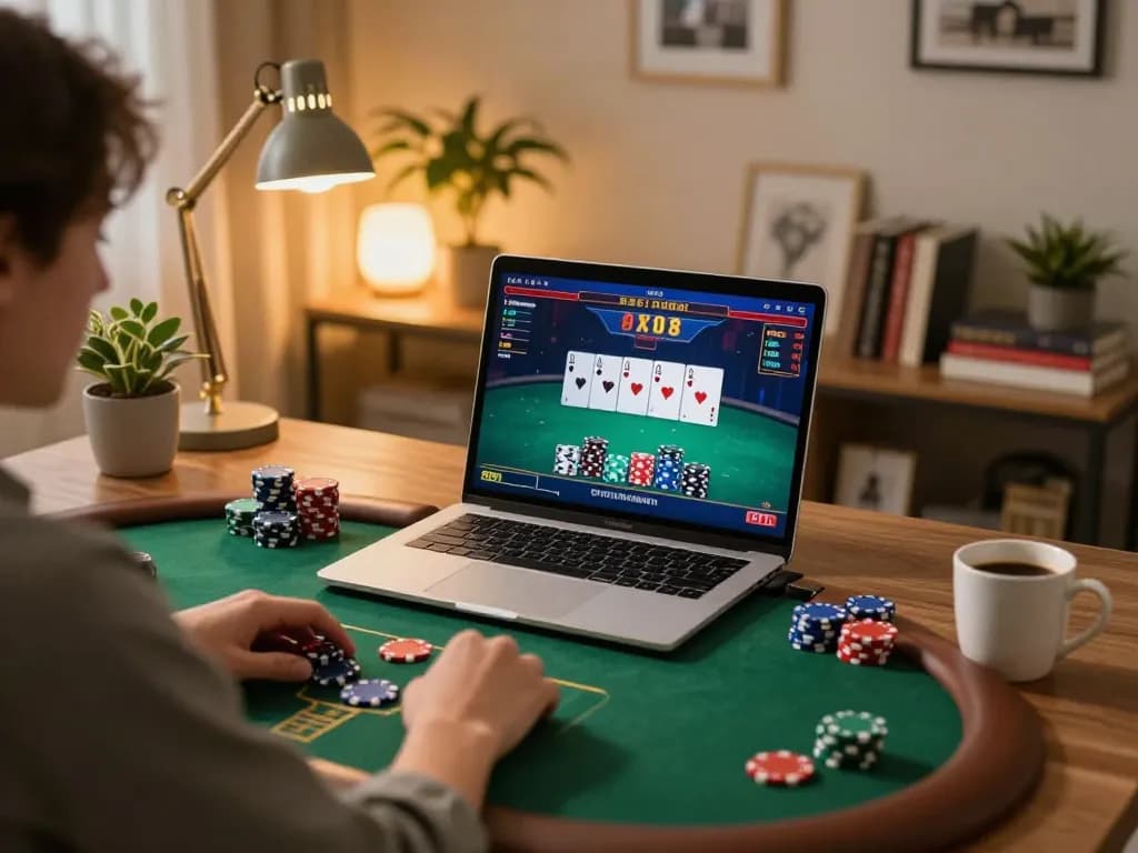 Player enjoying online poker at home on F168, showcasing strategy and excitement.