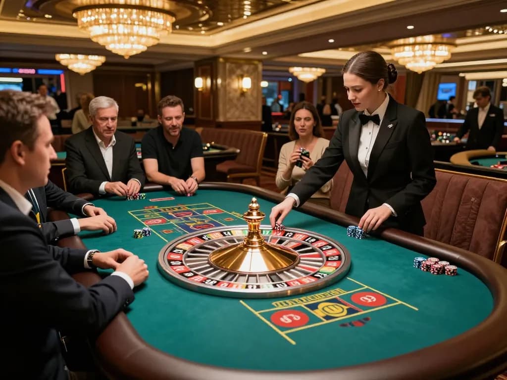 LC88 players excitedly placing bets at a luxurious roulette table in a vibrant casino.