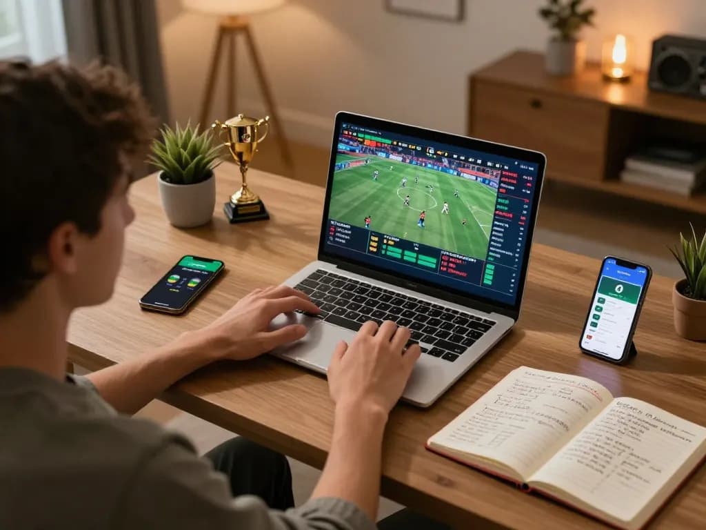 Online betting with 79king on a laptop, showcasing sports events and strategies in a cozy atmosphere.