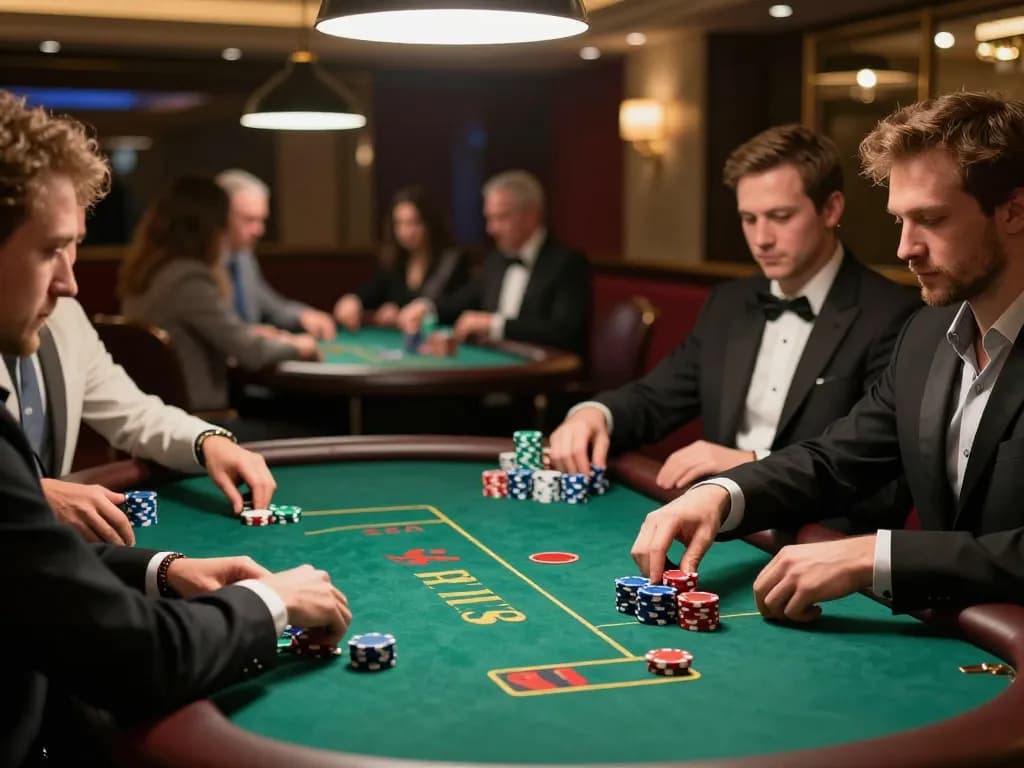 Players engaged in a thrilling poker game at xx88 casino, vibrant chips and cards highlighting strategic gameplay.