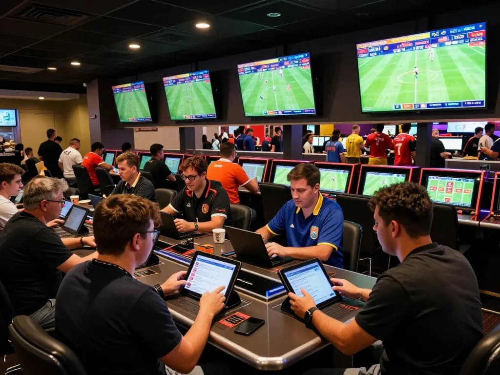 Excited bettors analyzing kèo bóng đá in a vibrant sportsbook setting during live matches