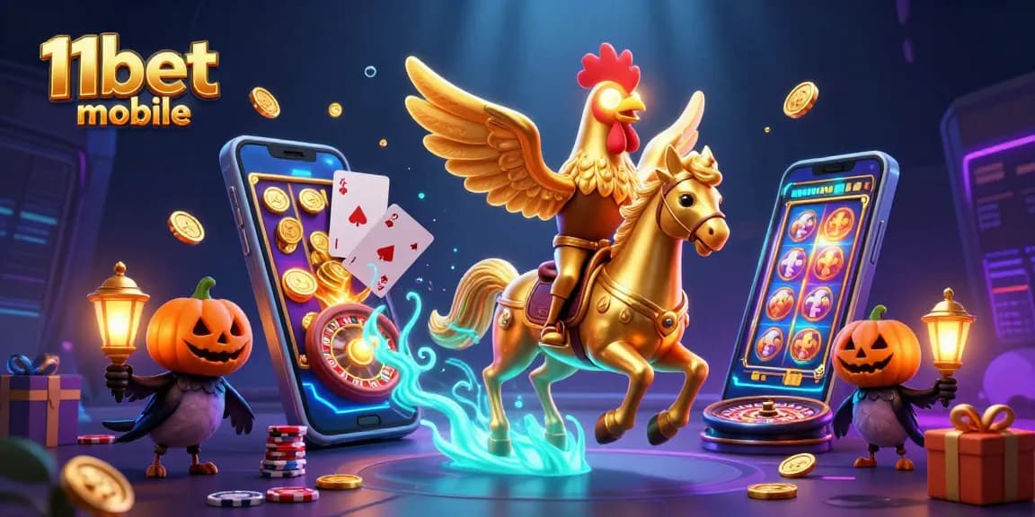 Experience thrilling gameplay with 11bet mobile as a golden rooster explores a vibrant casino atmosphere.