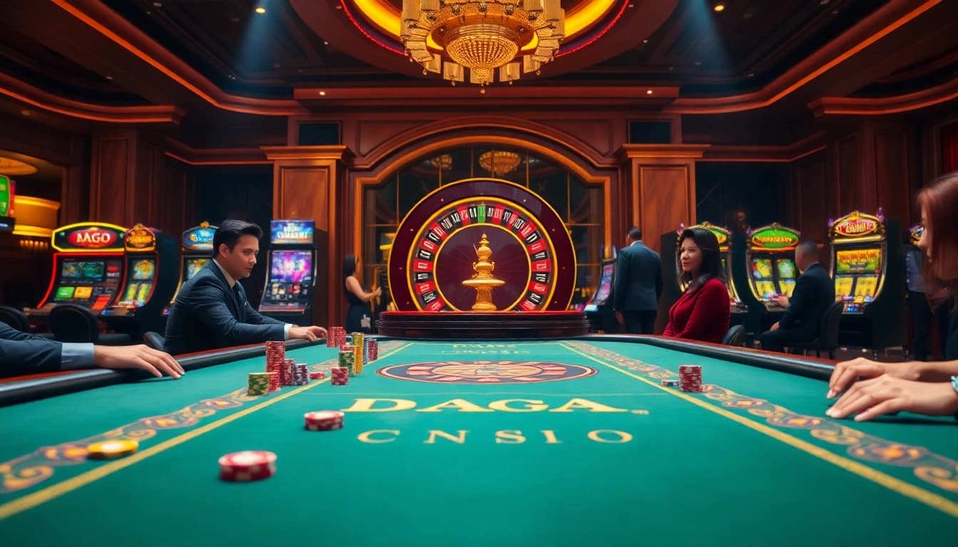 Daga gaming table at a luxury casino with vibrant poker chips and a roulette wheel, showcasing excitement.