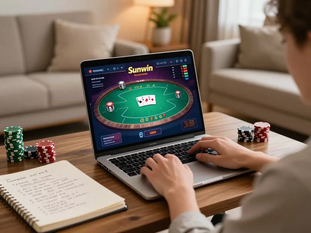 Player engaging in online poker at Sunwin on laptop, showcasing strategic gambling environment