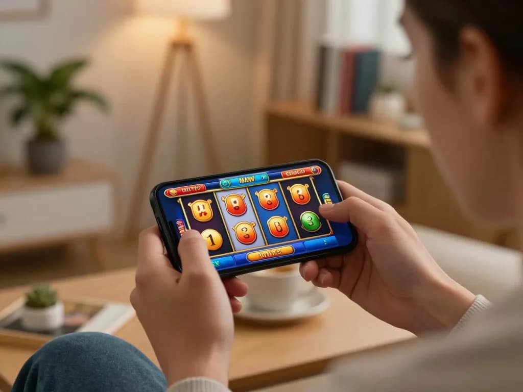 Pemain menikmati permainan slot online di smartphone, merasakan kegembiraan di MejaVIP dengan grafik yang berwarna-warni.