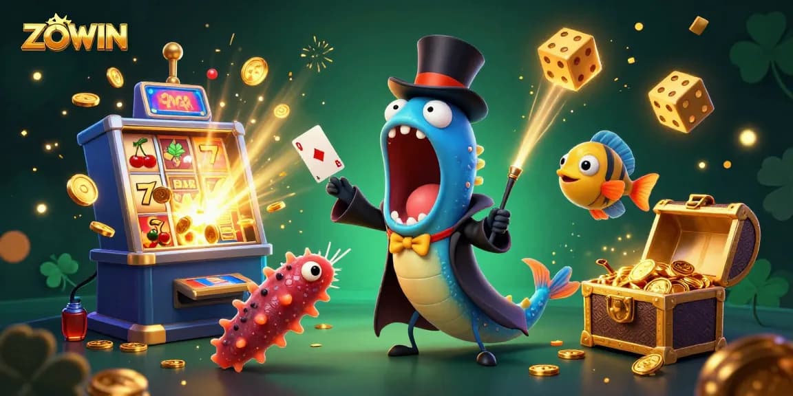 ZOWIN's dazzling online casino scene featuring magical sea creatures and a jackpot explosion, embodying fun gaming.