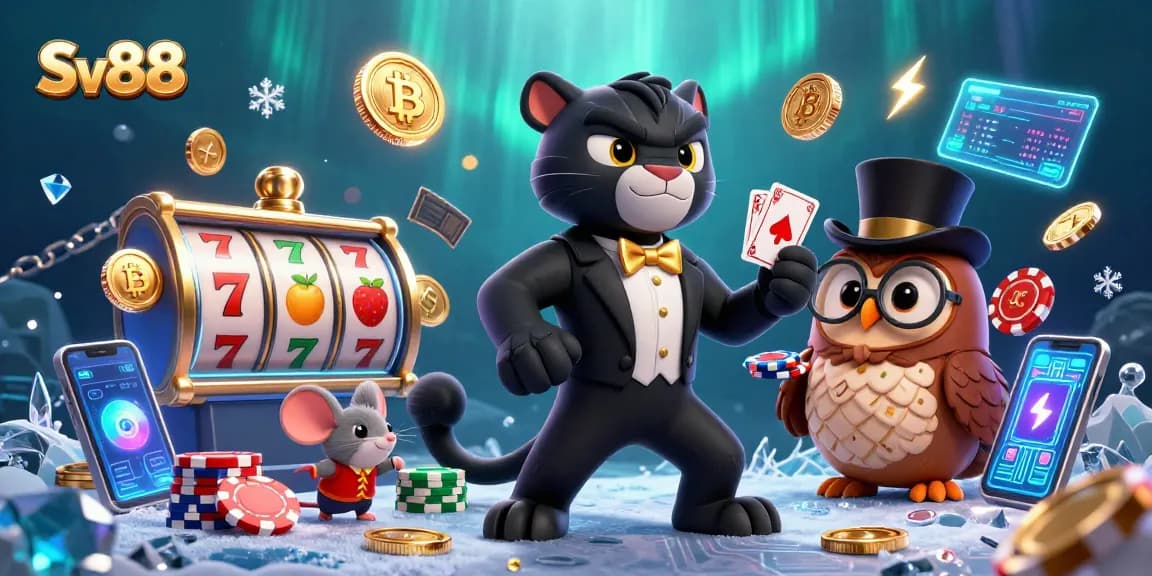 Experience thrilling casino action with Sv88 in this vibrant 3D illustration featuring dynamic slot game elements.
