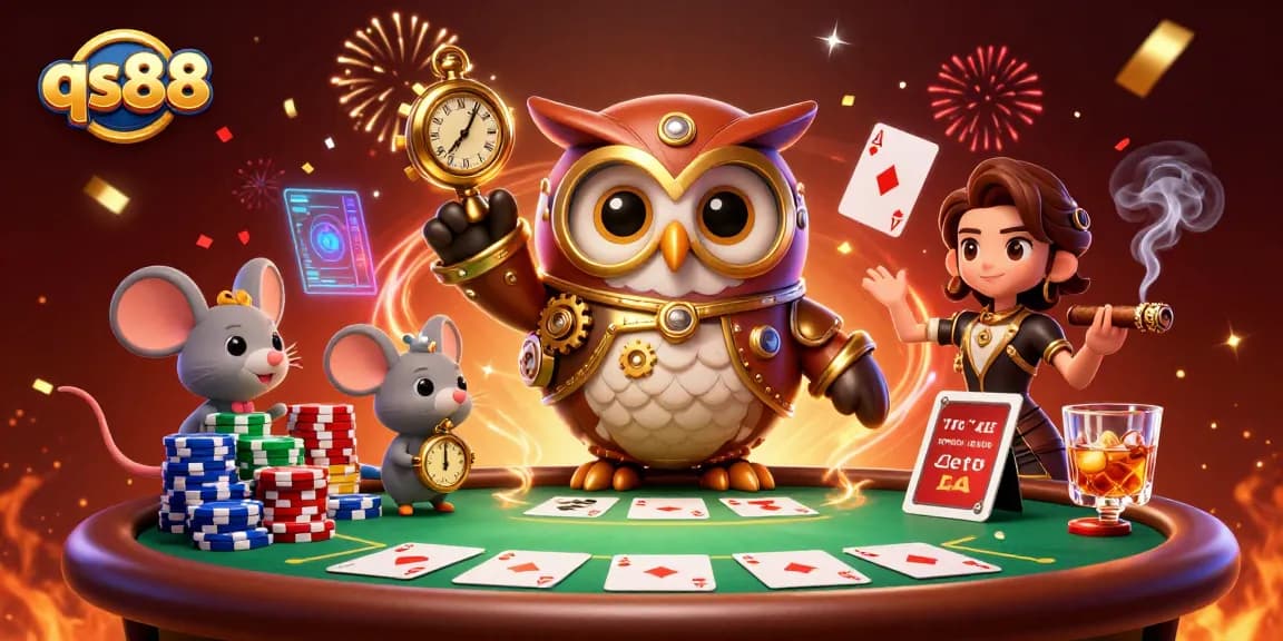 Engage with the thrilling world of qs88 casino games featuring an owl and mouse in a vibrant steampunk scene.