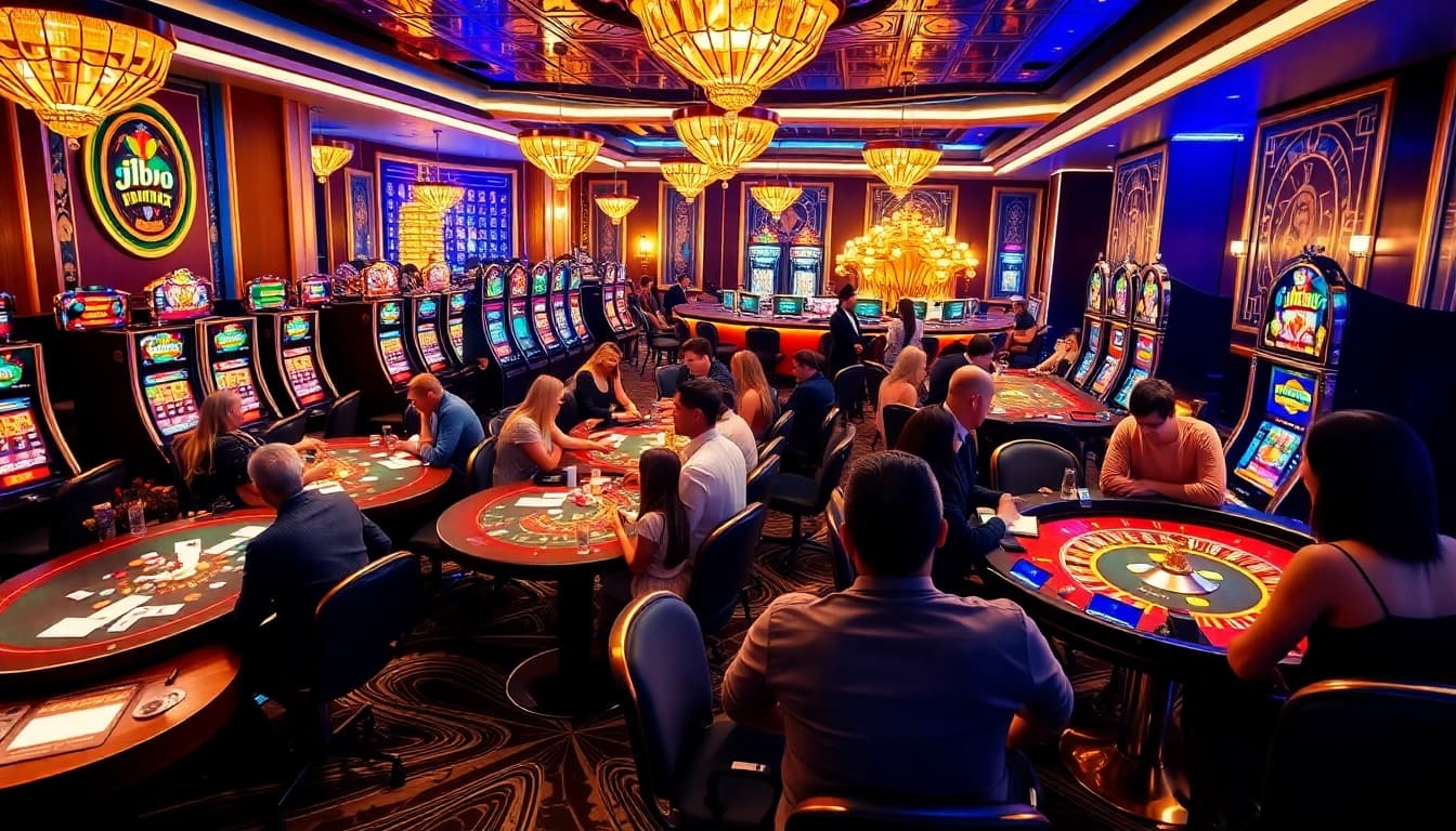 A dynamic casino scene with players enjoying iboslot games at vibrant tables and dazzling slot machines.