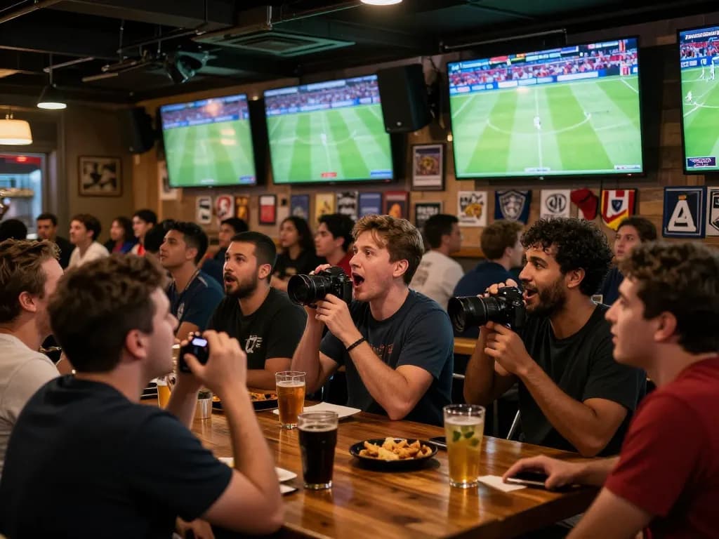 Engaged fans at a sports bar viewing live ดูบอล matches, excitement filled the atmosphere with drinks in hand.