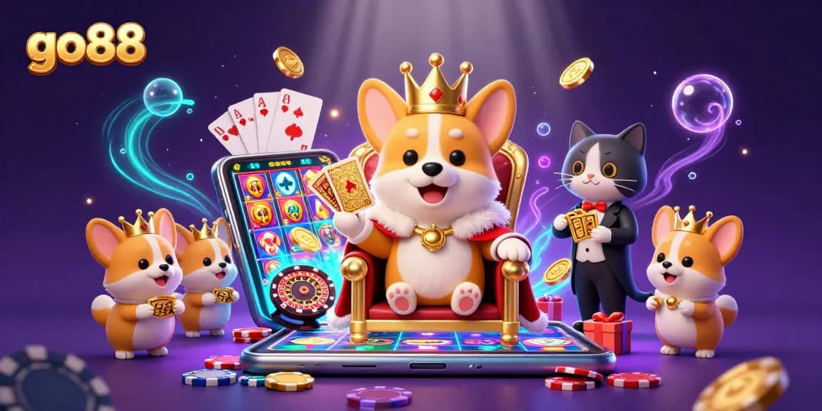 Engage with go88's vibrant casino realm featuring a royal corgi and playful gaming elements.