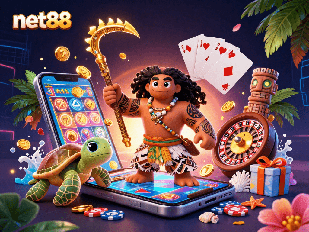 Experience net88’s vibrant casino scene featuring a demigod and engaging game elements