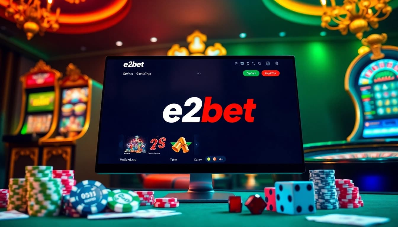 Experience the thrill of e2bet with an engaging online casino atmosphere filled with poker chips and roulette tables.