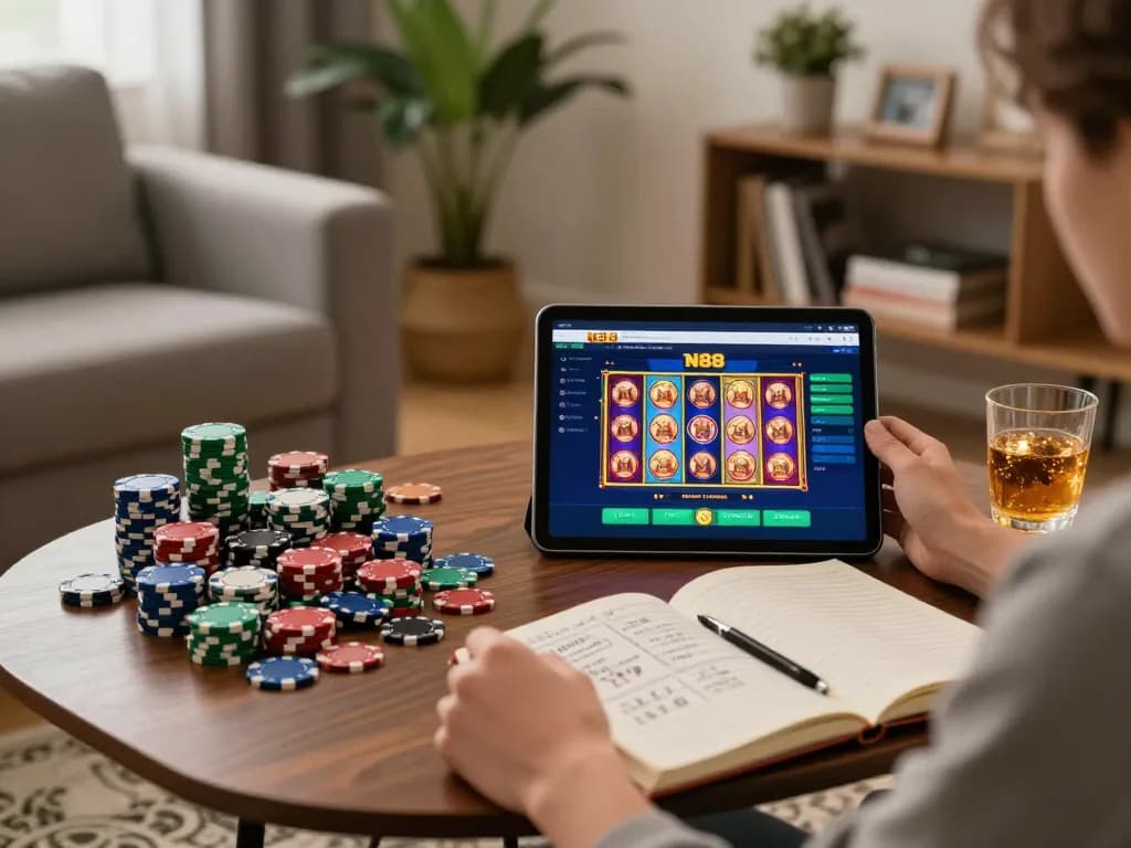 Person engaging in n88 online gaming on a tablet with vibrant slot game interface in cozy living room.
