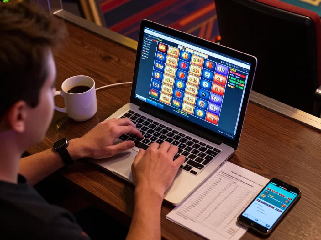 Engaging scene of online gaming on 13win with colorful slots interface and warm environment