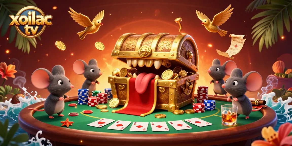 Xoilac TV showcases interactive poker excitement amidst vibrant casino imagery.