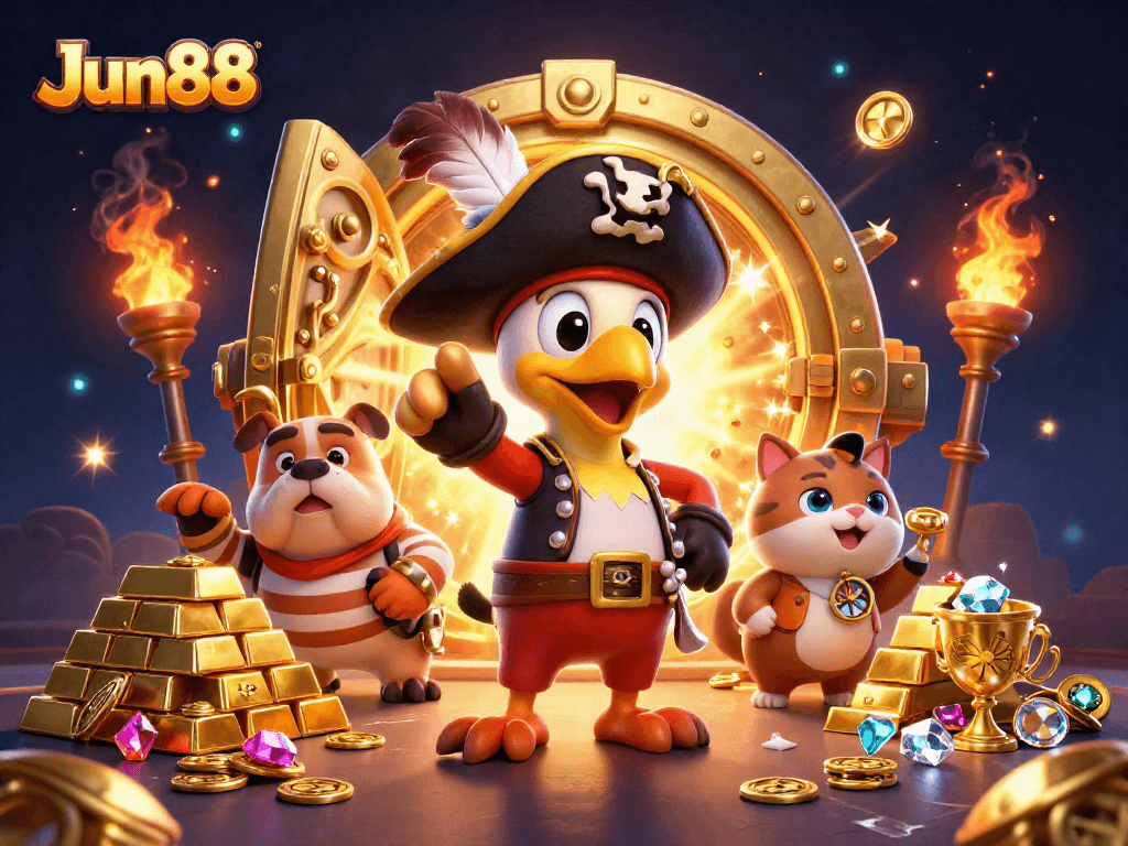 Experience thrilling wins with Jun88 in a vibrant pirate-themed casino scene.
