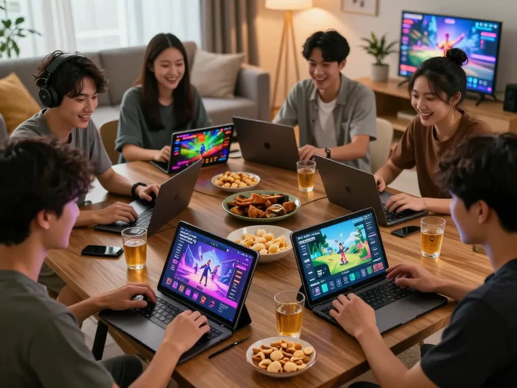 Friends enjoying an online gaming session on Sunwin platform with engaging interfaces and snacks.