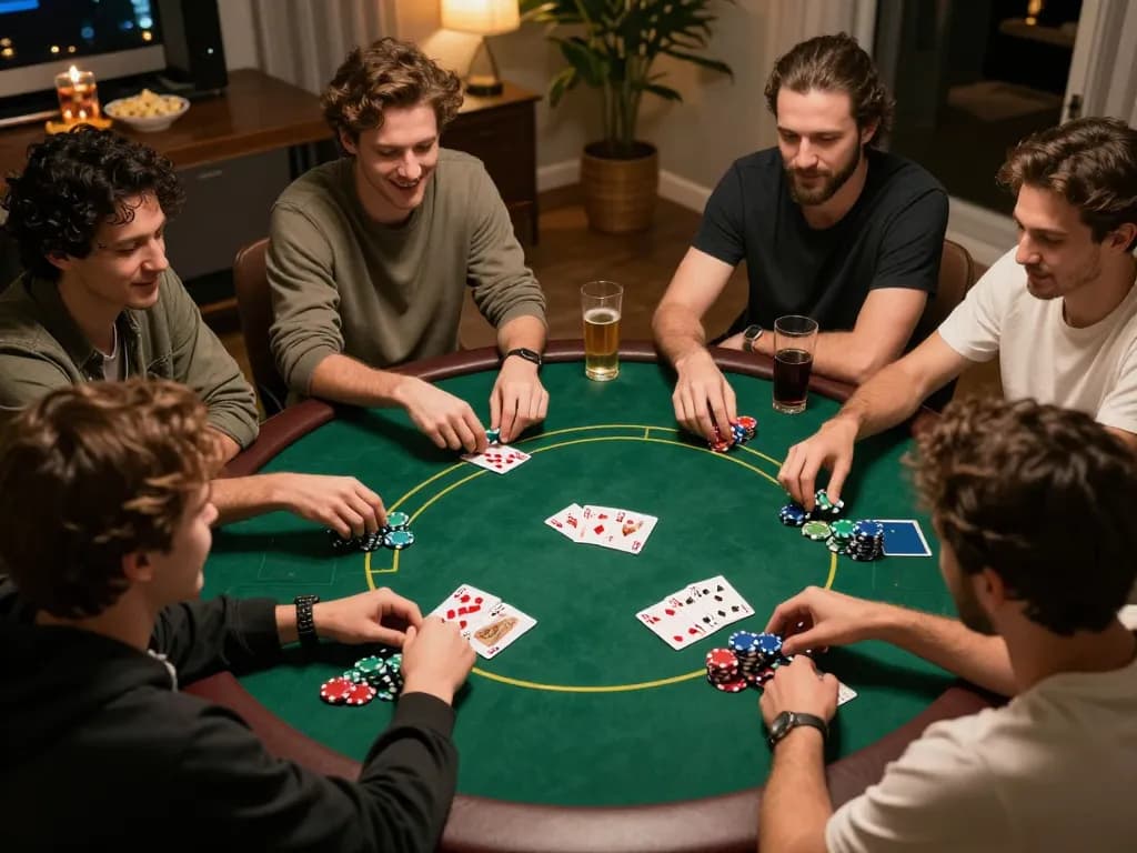 Friends enjoying a thrilling poker game at home, showcasing strategic moments and camaraderie, featuring 33win elements.