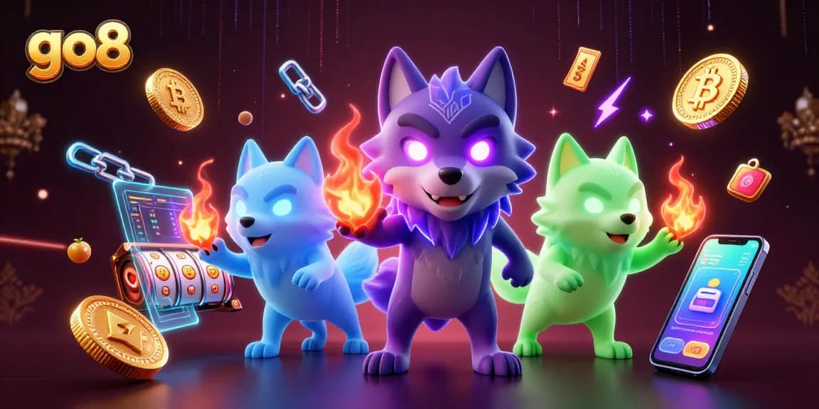 Engage with the thrilling slots at go8, featuring a vibrant 3D wolf pack leader amidst neon coins and jackpot elements.