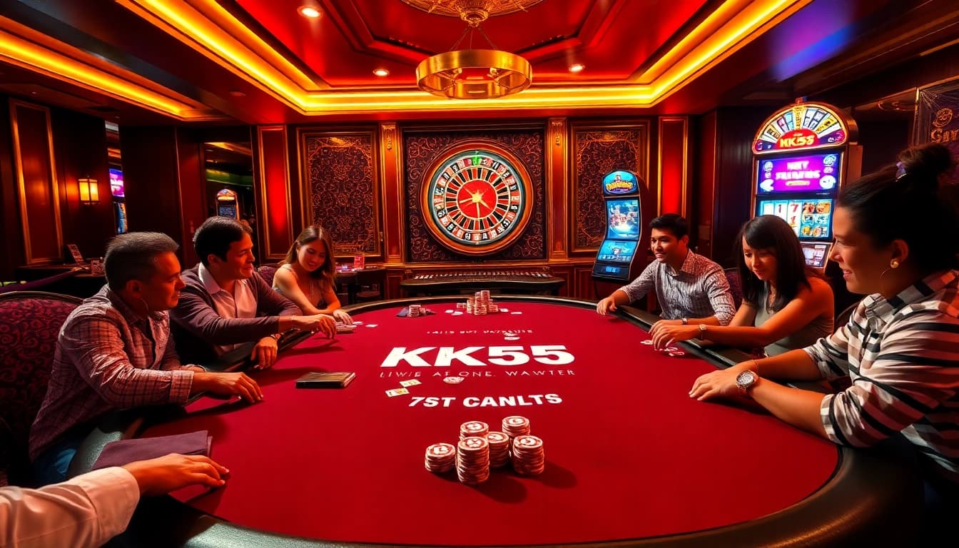 KK55 poker table scene showcasing thrilling gameplay with chips, cards, and a roulette wheel.