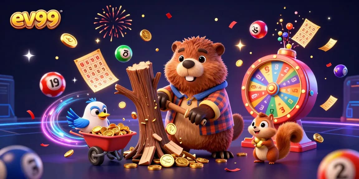 ev99 characters celebrate with golden coins and lottery elements in a vibrant casino scene.