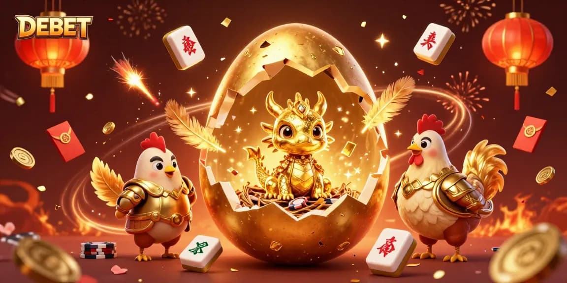 Engage with DEBET's vibrant casino fantasy featuring golden dragon, poker chips, and festive elements.
